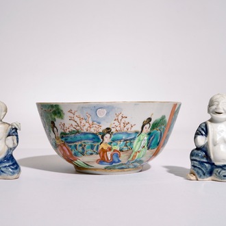 Two Chinese blue and white glazed biscuit figures of boys, Qianlong, and a Canton famille rose bowl, 19th C.