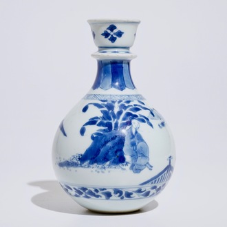 A Chinese blue and white vase or huqqa base, Kangxi