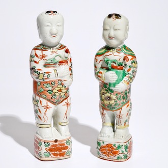 A pair of Chinese famille verte figures of Hehe Er Xian brothers, Kangxi