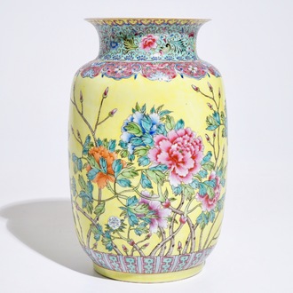 A Chinese yellow-ground famille rose vase, Qianlong mark, Republic, 20th C.