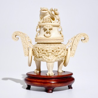 A Chinese carved ivory incense burner on stand, ca. 1900