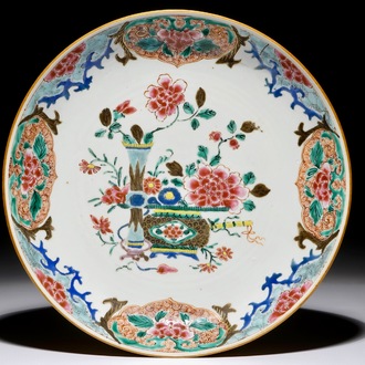 A Chinese Batavian ware famille rose floral charger, Qianlong