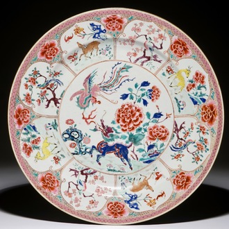 An unusual Chinese famille rose phoenix and qilin charger, Yongzheng