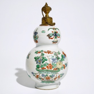 A Chinese famille verte gilt bronze-mounted double gourd vase, Kangxi