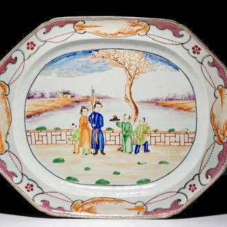 A very large Chinese famille rose octagonal dish with mandarin design, Qianlong