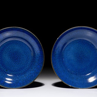 A pair of Chinese monochrome blue ge-type crackle-glazed plates, Yongzheng