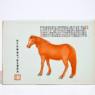 Een Chinese polychrome plaquette met een paard en kalligrafie, Republiek
