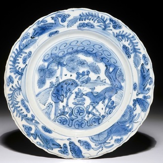 A Chinese blue and white plate with deer and ducks, Wanli