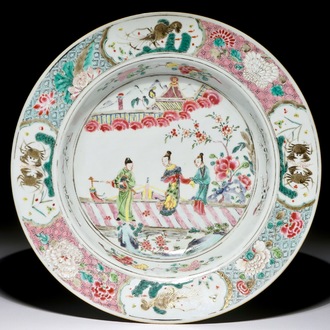 A deep Chinese famille rose plate with figures on a bridge, Yongzheng