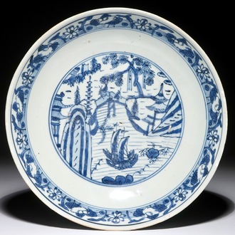 A Chinese blue and white dish with a landscape design, Jiajing