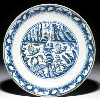 A Chinese blue and white dish with a landscape design, Jiajing