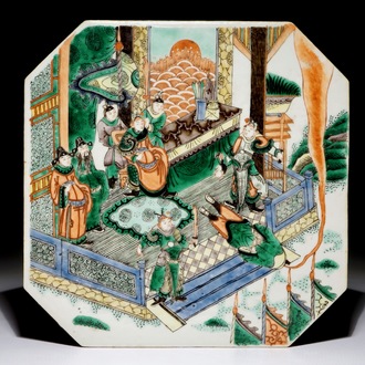 A Chinese octagonal famille verte tile plaque, 19th C.