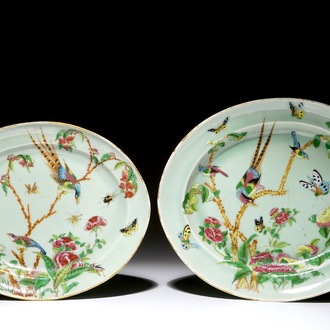 Twee ovale Chinese Canton famille rose schotels met celadon fondkleur, 19e eeuw