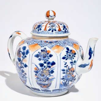 A large Chinese Imari style lotus-shaped teapot and cover, Kangxi
