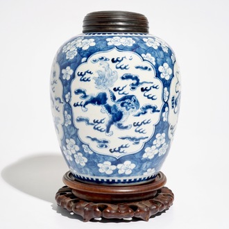 A Chinese blue and white jar with Buddhist lions, Kangxi