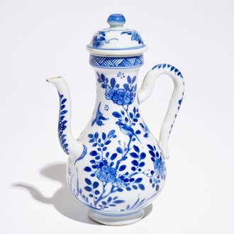 A Chinese blue and white covered jug with birds among flowers, Kangxi