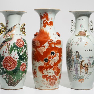 Three tall Chinese famille rose and iron-red vases, 19/20th C.