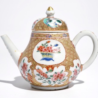 A Chinese famille rose teapot with floral and geometric design, Yongzheng