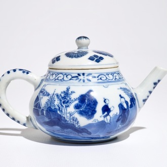 A Chinese blue and white teapot with figures in a landscape, Kangxi