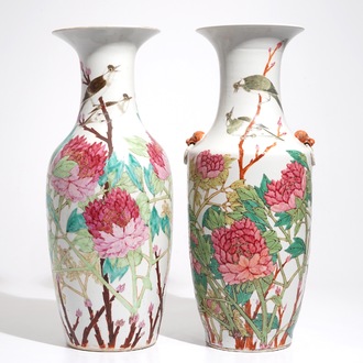 Two tall Chinese qianjiang cai vases with birds on blossoms, 19/20th C.