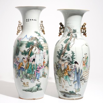 Two tall Chinese famille rose vases with calligraphy, 19/20th C.