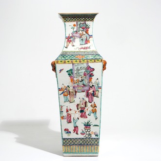 A square Chinese famille rose vase with court scenes, 19th C.