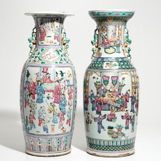 Two tall Chinese famille rose vases with court scenes, 19th C.