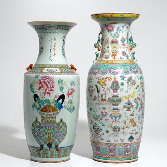 Two tall Chinese famille rose vases with designs of antiquities and incense burners, 19th C.