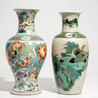 Two Chinese famille verte vases with birds, 19/20th C.