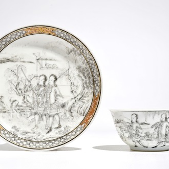 A Chinese grisaille cup and saucer with Europeans, Yongzheng