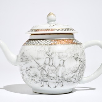 Een Chinese grisaille theepot met decor van Europeanen, Yongzheng