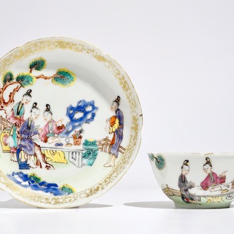 A Chinese famille rose mandarin cup and saucer, Qianlong