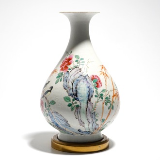 A Chinese famille rose bronze-mounted yuhuchunping vase, Qianlong mark, 19/20th C.