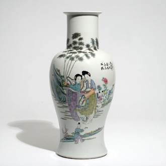 A Chinese famille rose vase with ladies in a garden, 19/20th C.