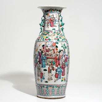 A tall Chinese famille rose vase with a court scene, 19th C.