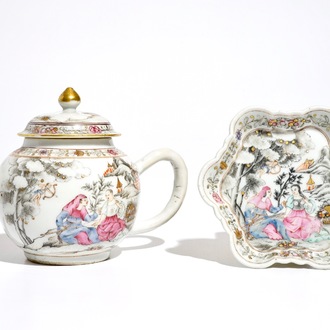 Een zeldzame Chinese famille rose theepot met onderschotel, Qianlong