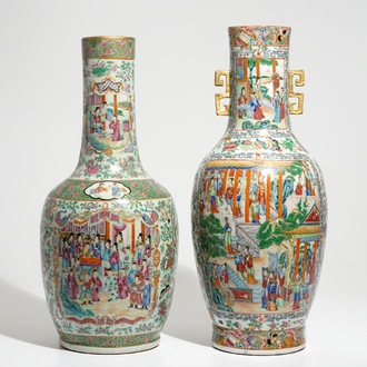 Deux grands vases en porcelaine de Chine famille rose de Canton, 19ème