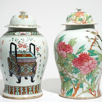 Two Chinese famille rose and qianjiang cai baluster vases and covers, 19/20th C.
