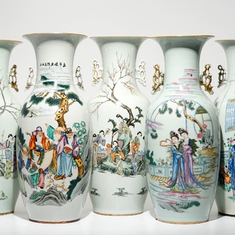 Cinq vases en porcelaine de Chine famille rose et qianjiang cai, début du 20ème