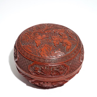 A Chinese cinnabar lacquer box and cover with playing boys, 19th C.