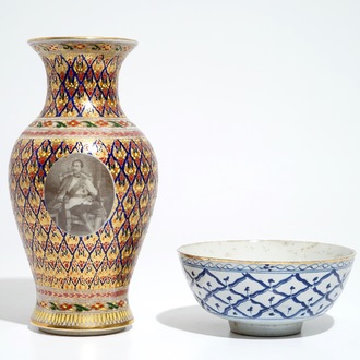 A Thai Bencharong vase with the portrait of King Rama V, and a blue and white bowl, 19/20th C.