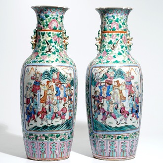 A pair of tall Chinese famille rose vases with court scenes, 19th C.