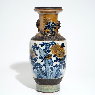 A Chinese blue and white on café au lait and crackle-ground vase, 19th C.