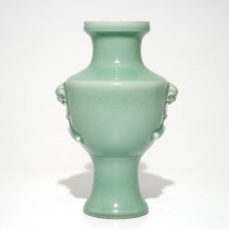 A Chinese monochrome celadon-glazed vase, Qianlong mark, 19/20th C.