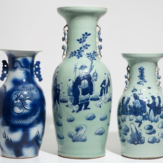 Two Chinese vases with blue and white design on celadon-ground and a dragon vase, 19th C.