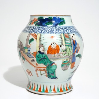 A Chinese olive-shaped wucai vase with figures, 19th C.