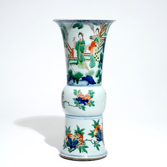 A Chinese wucai gu vase with figures, Shunzhi, Transitional period