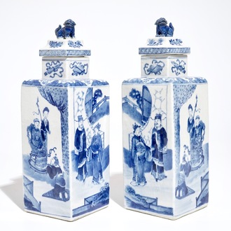 A pair of square Chinese blue and white vases and covers, Kangxi mark, 19th C.