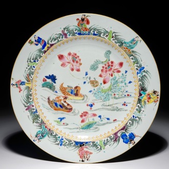 A Chinese famille rose dish with mandarin ducks and immortals, Yongzheng