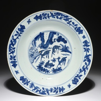 A Chinese blue and white dish with deer in a landscape, Jiajing